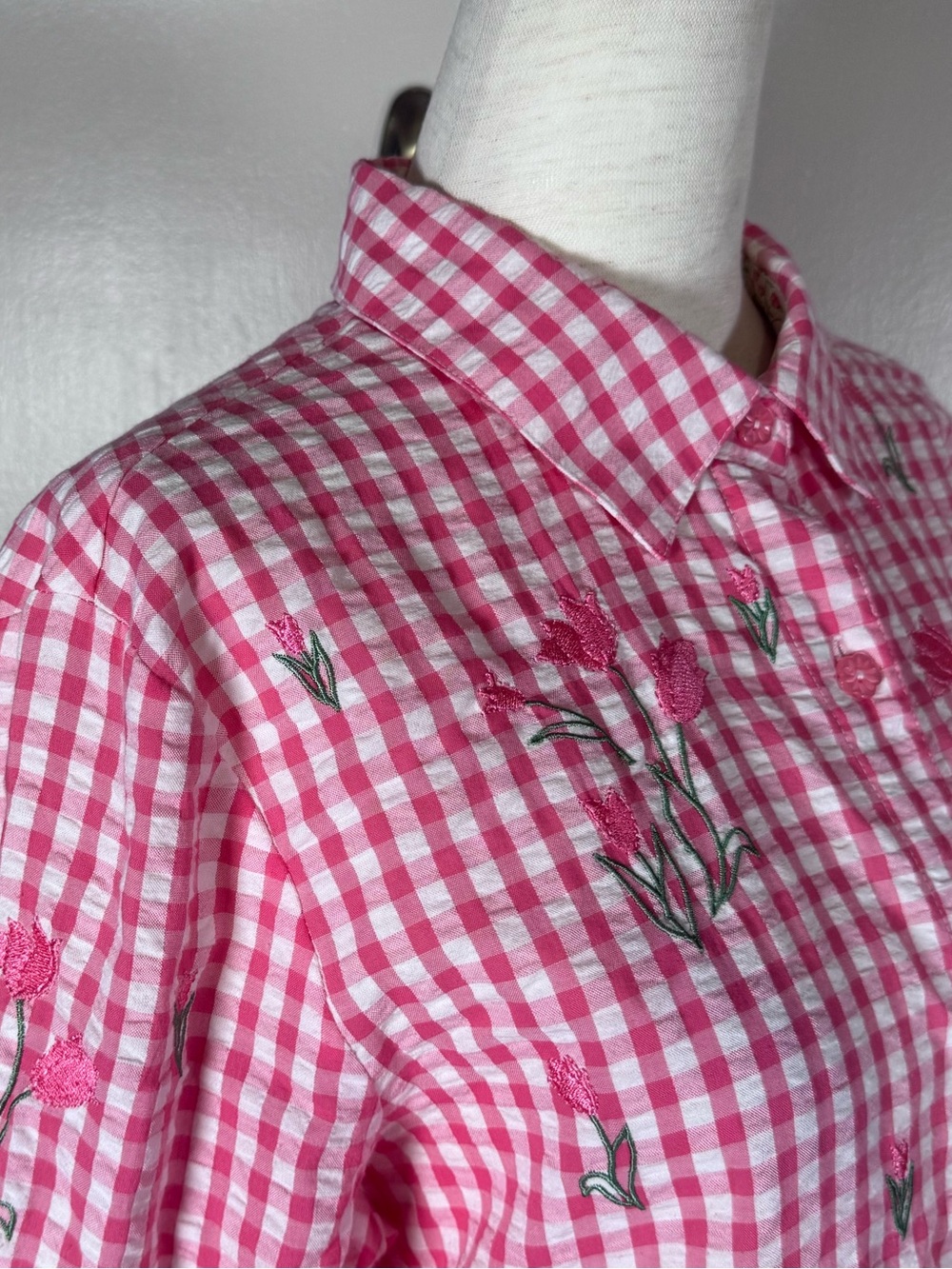 Teddi Pink Gingham Embroidered Tulip Floral VTG Country Cottagecore Blouse Sz PM - Picture 5 of 11